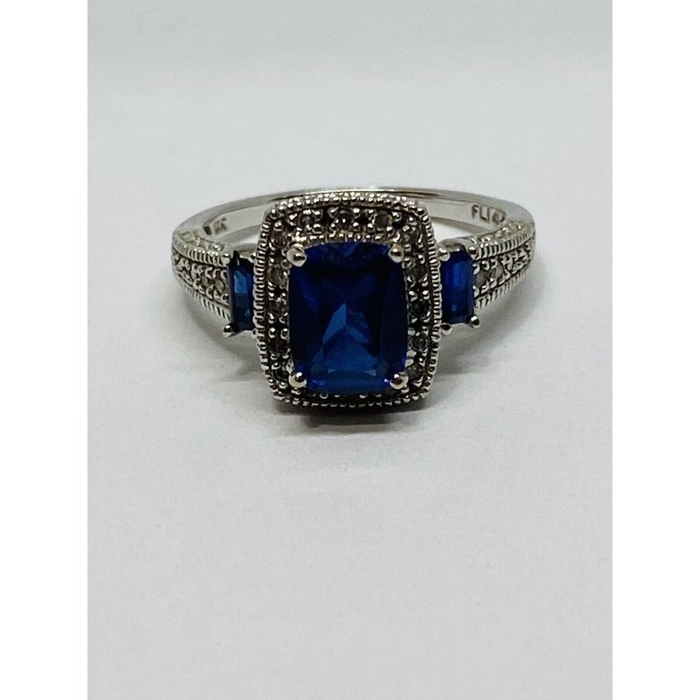 10k White Gold Blue Sapphire & Diamond Halo Ring Signed FLI Size 6.75 - Picture 10 of 12